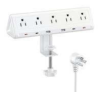 10ft Computer Clamp Power Strip with 5 AC Outlets and 6 USB PD 40W USB-C Ports Fast Charging Surge Protector 1250J Fits 2.6 Top Edge