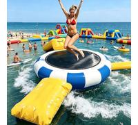 ,10ft,Round Inflatable Water Trampoline - Tear-Proof PVC Floating Jump Pad with Access Ladder & Dual Slides - for Tropical Sea, Lake, Pool & Water Park