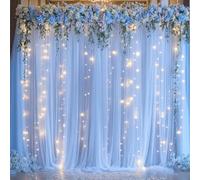10ft x 10ft Baby Blue Tulle Photo Backdrop Curtain with Lights String for Parties Wedding Sheer Blue Curtain Backdrop for Birthday Party Baby Shower Boy Photo Booth Photography Background Decorations
