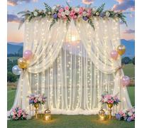 10ft x 10ft Ivory Tulle Photo Backdrop Curtain with Lights String for Parties Wedding Sheer Ivory Curtain Backdrop for Birthday Party Bridal Shower Photo Booth Photography Background Decorations