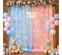 10ft x 10ft Pink Blue Tulle Photo Backdrop Curtain with Lights String for Gender Reveal Sheer Curtain Back Drop Baby Shower Backdrop for Boy or Girls Birthday Party Photo Booth Background Decorations