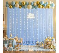 10ft x 15ft Baby Blue Tulle Photo Backdrop Curtain with Lights String for Parties Wedding Sheer Light Blue Curtain Backdrop for Baby Shower Boy Birthday Party Gender Reveal Photo Booth Background