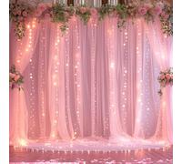 10ft x 15ft Pink Tulle Photo Backdrop Curtain with Lights String for Parties Wedding Sheer Baby Pink Curtain Backdrop for Baby Shower Girls Birthday Party Gender Reveal Photo Background Decorations