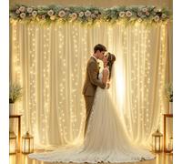 10ft x 8ft Champagne Sheer Tulle Backdrop Curtains with Lights String Wedding Backdrop for Reception Ceremony Birthday Party Baby Shower Photo Booth Background Decoration