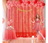 10ft x 8ft Red Tulle Photo Backdrop Curtain with Lights String for Christmas Party Red Sheer Curtain Backdrop Drapes for Birthday Party Wedding Holiday Photo Booth Background Home Room Decorations