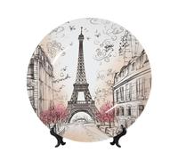 10in Bone China Decorative Plate with Display Stand, French Paris Tour Eiffel Tower Ceramic Decorative Plate Wall Decor Ceramic Ornaments Art Crafts Porcelain Dinner Plates for Women Men Gifts