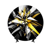 10in Bone China Decorative Plate with Display Stand, Personalized Ceramic Dishes Abstract Black White Yellow Display Dish Ceramic Ornament Art Crafts for Home Office Wall Decor Collections Plate