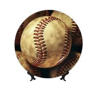 10in Bone China Decorative Plate with Display Stand, Vintage Baseball American Retro Balls Ceramic Decorative Plate Wall Decor Ceramic Ornaments Art Crafts Porcelain Dinner Plates for Women Men Gifts