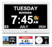 10inch DST Auto Dimmable Calendar Day Clock HD Display 15 Alarms Extra Large Impaired Vision Digital Clock with Non-Abbreviated Day & Month Plug-in (No Battery) Power Outage Memory Alarm Clock