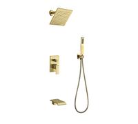 10Inch Shower System with Waterfall Tub Spout Faucet Set Complete, Brushed Gold Rain Mixer Combo Set with Rainfall Shower Head, Handheld Shower