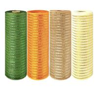 10Inch x 10Yards Deco Poly Mesh Ribbon- 4 Pack Orange/Off White/Wooden/Green Fall Deco Mesh Rolls,Autumn Metallic Foil Poly Burlap Mesh Ribbon Rolls for Wreath Making,Garland,DIY,Swag,Bow,Home Decor