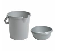 10L Bucket & 32cm Washing Up Bowl With Handles SILVER Plastic Household Set UK