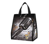 10L Insulated Lunch Bag with Pocket Collapsible Leakproof Microphone with Music Notes Cooler Bag for Work Picnic Travel Gym Beach Reusable Thermal Bags Lightweight Foldable Lunch Tote for Snack
