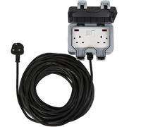 10M 2 Gang IP66 Waterproof Outdoor 2 Way Extension Lead Socket with Switch Indicator Light Black