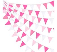 10M/32.8 Ft Rose Pink Bunting Banner Fabric Flag Cotton Pennant Cloth Bunting Triangle Garland for Wedding Birthday Baby Shower Anniversary Nursery Outdoor Garden Hanging Festivals Party Decorations