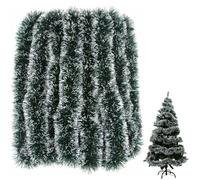 10M Christmas Tinsel Green,Snow White Dark Green Tinsel Garland Christmas Tree Decorations Xmas Thick Fluffy Strands Hangin Extra Long Garlands Decoration for Chrismas Party Indoor Outside Door Stairs