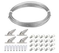 10m Garden Wire Tensioner Stainless Steel Cable Kit,Metal Wire Rope Picture Hanging Stainless Steel Wire Catenary Wire Vinyl Coated Kit, with 20 Wire Hooks (Silver)