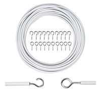 10M Net Curtains Wire Cord Cable and Hooks Set, White Wire Curtains String Rail with 20 Pieces Hooks, MultiPurpose Net Curtain Rod for Hanging Clothes Curtains Windows Bathroom Accessories