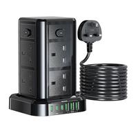 10M Tower Extension Lead with USB, Toomke 8 Way 6 USB Multi Socket Plug Extension, Overload Protection Tower Power Strip with Switches, 13A 3250W UK Socket Tower Power Cords 10 Meters for Home Office