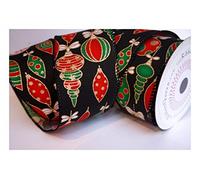 10m x 2.5” (63mm) Roll Wire Wired Edge Christmas Ribbon Tree Tinsel Wreath Gift Cake Bows. from a UK Specialist Company - Buy with Confidence. (Vintage Red Green Gold Baubles on Black)