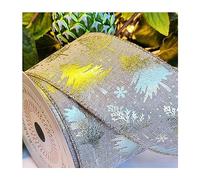 10m x 2.5” (63mm) Roll Wire Wired Edged Edge Christmas Ribbon Tree Tinsel Wreath Gift Bows. UK Specialist Company (Burnished Gold Trees on Natural Linen)