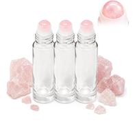 10ml Glass Roll-On Bottle with Rose Quartz Roller Ball - Refillable & Empty Rose Quartz Roller Ball Bottle for Castor Oil, Essential Oils, Organic Castor Oil & Perfume, Leak-Proof Travel Size (3 pc)