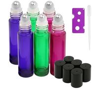 10ml Glass Roller on Bottles with Stainless Steel Roller Ball 6pcs- Refillable Essential Oil Roller Bottles with Lid Opener Pry Tool & 1 Transfer Pipettes, Great for Aromatherapy, by JamHooDirect
