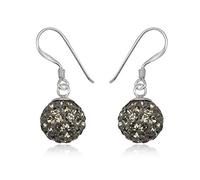 10MM Disco Ball Sterling Silver Dangly/Dangle Drop Hook Earrings for Women/Teenage/Girls - 925 Sterling Silver - Round Silver Earrings - GREY BLACK DIAMOND