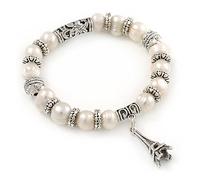 10mm Freshwater Pearl With Eiffel Tower Charm and Silver Tone Metal Rings Flex Bracelet/Size M