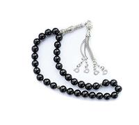 10mm Tasbih Prayer Beads Natural Black Agate Stone Islamic Misbaha Prayer Rosary Beads Muslim Islam Misbaha Bracelet Moon Tasbeeh Sibha 33 Prayer Beads Hand Bracelets, 10MM, Glass, Agate
