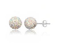 10MM WOMENS Sparkly Pave Glitter/Disco Ball Sterling Silver Stud Earrings/Ear Studs for Women Ladies Girls - Round Silver Earrings - AURORA AB
