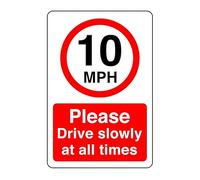 10mph please drive slowly at all times- High tack self-adhesive sticker (150mm x 100mm) Ensures safety within 4m viewing distance, promoting road safety.