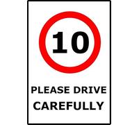 10mph Speed Limit Please Drive Carefully | 30cm x 20cm | Red/White - Vinyl Sign for School Zones, Residential Areas, Traffic Safety Enhancement