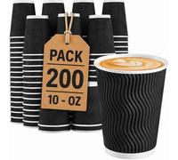 10oz Black Kraft Ripple Wall Coffee Cups - 200 Pack Triple Insulated Cups for Hot Drinks, Tea, Recyclable, Black Paper Cups Cafes, Takeaway, Events - 10oz / 300ml - 200 Pack
