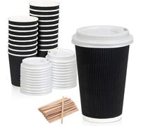 10oz Black Ripple Coffee Cups to Go with White Lids with Wooden Stirrers [10oz, 295ml, 100 Pack] Brown Ripple Insulated Paper Cups s for Serving Tea, Coffee Paper Cup, Brown Leak Proof Cup