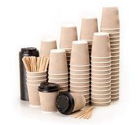 10oz Kraft Ripple Coffee Cups to Go with Black Lids and Wooden Stirrers [10oz, 295ml, 100 Pack] Brown Insulated Paper Cups for Serving Tea, Coffee Paper Cup