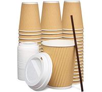10oz Kraft Ripple Coffee Cups to Go with White Lid with Wooden Stirrers [10oz, 295ml, 100 Pack] Brown Ripple Insulated Paper Cups s for Serving Tea, Coffee Paper Cup, Brown Leak Proof Cup