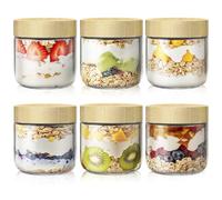 10oz Overnight Oats Containers with Lids, Glass Jars with Bamboo Lids, Glass Meal Prep Jars with Airtight Lids for Yogurt, Salad, Chia, Wide Mouth Mason Jar with Lid for Food Storage - 6 Pack