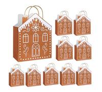 10pack Christmas Gingerbread House Gift Bags with Handles,Funny Gingerbread House Shaped Treat Candy Goody Bags,Reusable Xmas Kraft Paper Bag for Wrapping Holiday Xmas Party Favors