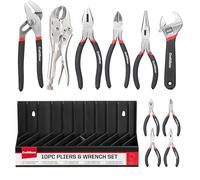 10PC Pliers and Wrench Set with Storage Rack - Includes Locking | Long Nose | Diagonal Cutter | Groove Joint | Linesman & Mini Plier, Carbon Steel Tool Kit for DIY and Home a Gift for Man