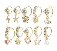 10Pcs 20G Gold Dangly Nose Rings Hoop Butterfly Heart Moon Flower Star CZ Cartilage Earring Surgical Steel Dangling Nose Ring Body Piercing Jewelry for Women Men