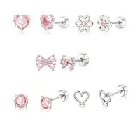 10PCS 20g Pink Earrings Flat Back Earings, Silver Flat Back Earrings, Pink Butterfly Flower Earring Heart Hoops Tiny Flower Earring, Silver Screwback Studs for Women