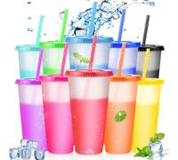 10Pcs 24oz Reusable Plastic Tumblers with Lids & Straws - Iced Water Colour Changing Cups Bulk Iced Coffee Cup Tumbler Set BPA Free Coffee Smoothie Slushy Drinking Cup, Party Cups for Kid Adults