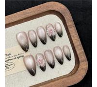 10pcs 3D Carved Peach Blossom Press-On Nails Glitter Pink Cat Eye Almond Summer Handmade False Nails Black French False Nails(5,XS)