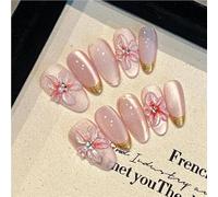 10pcs 3D Carved Peach Blossom Press-On Nails Glitter Pink Cat Eye Almond Summer Handmade False Nails Black French False Nails(2,L)