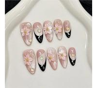 10pcs 3D Carved Peach Blossom Press-On Nails Glitter Pink Cat Eye Almond Summer Handmade False Nails Black French False Nails(1,L)