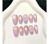 10pcs 3D Carved Peach Blossom Press-On Nails Glitter Pink Cat Eye Almond Summer Handmade False Nails Black French False Nails(6,M)