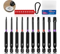 10Pcs 70mm Torx Bit Set, T8 T9 T10*2 T15 T20*2 T25 T30 T40 | Security Bit Set, Magnetic Tip, S2 Steel, Impact Resistant, Heat Treated, Black Oxide Coating, 1/4 Inch Hex Shank