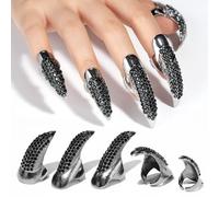 10PCS Adjustable Claws Ring Set Fake Nails Finger, Gothic Punk 3 Sizes Crystal Retro Metal Nail Rings Jewelry Fingertip Vampire Demon Cat Cosplay Accessories Women Costume Black