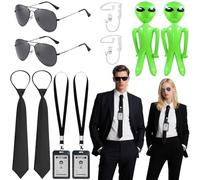 10Pcs Agent Costume Accessories Set, Secret Agent Dress Up Kit with ID Holders Black Ties Sunglasses Earpieces Inflatable Green Aliens for Women Men Halloween Cosplay Carnival Fancy Dress Party Props